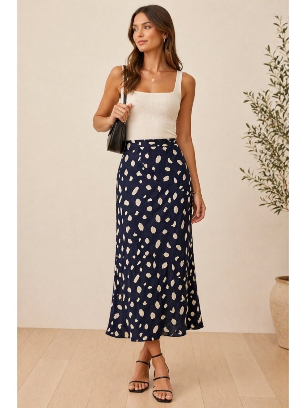 Reformation Midi Skirt 12 Navy Abstract Dot Bias Cut Slip Minimalist